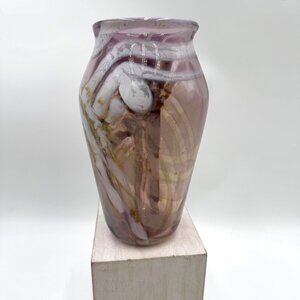Chris Funk Hand Blown Art Glass Vase Pink white soft tones California Art Glass
